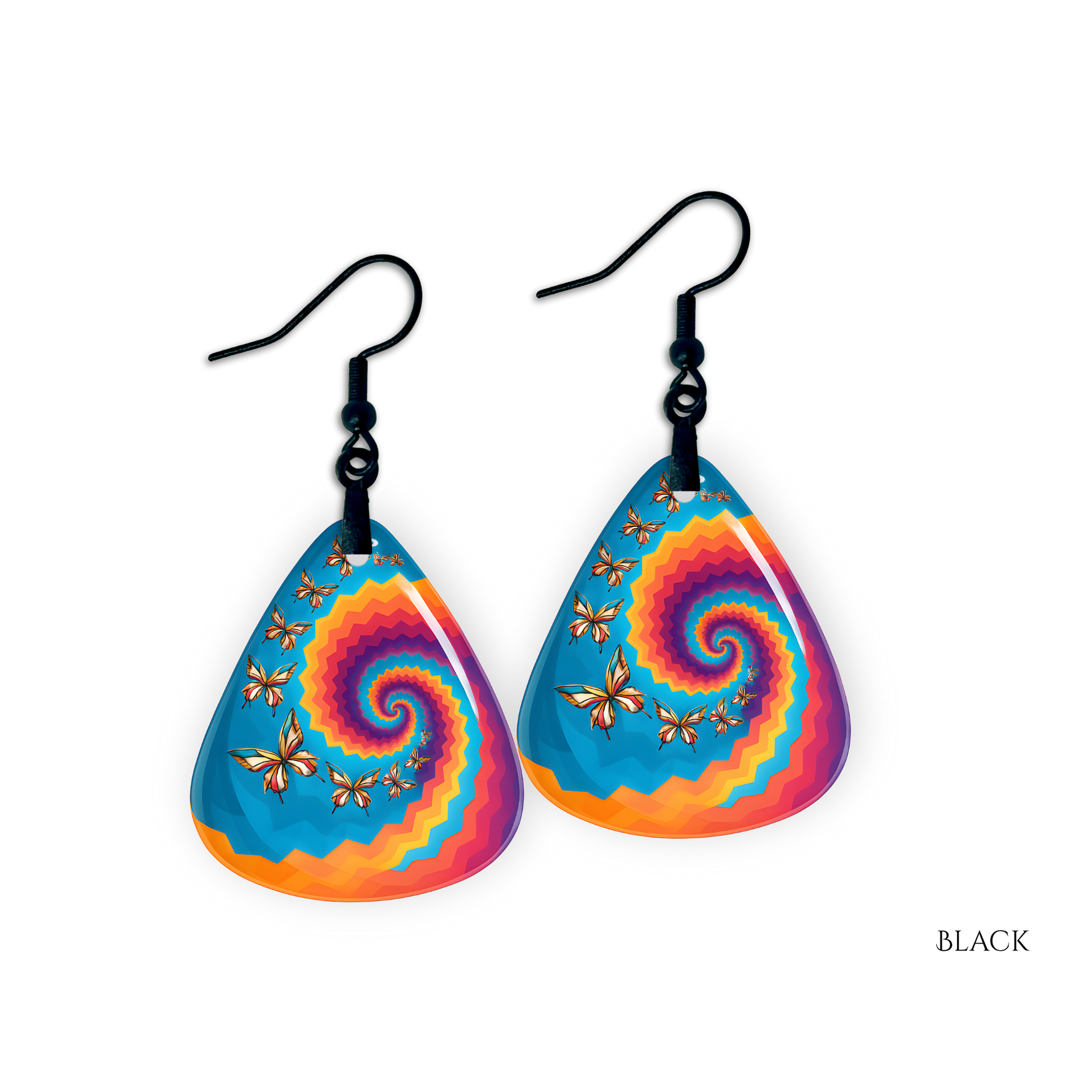 Close-up of Psychedelic Flight earrings  featuring gold hardware and kaleidoscopic butterfly artwork.