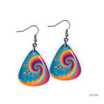 Close-up of Psychedelic Flight earrings  featuring gold hardware and kaleidoscopic butterfly artwork.