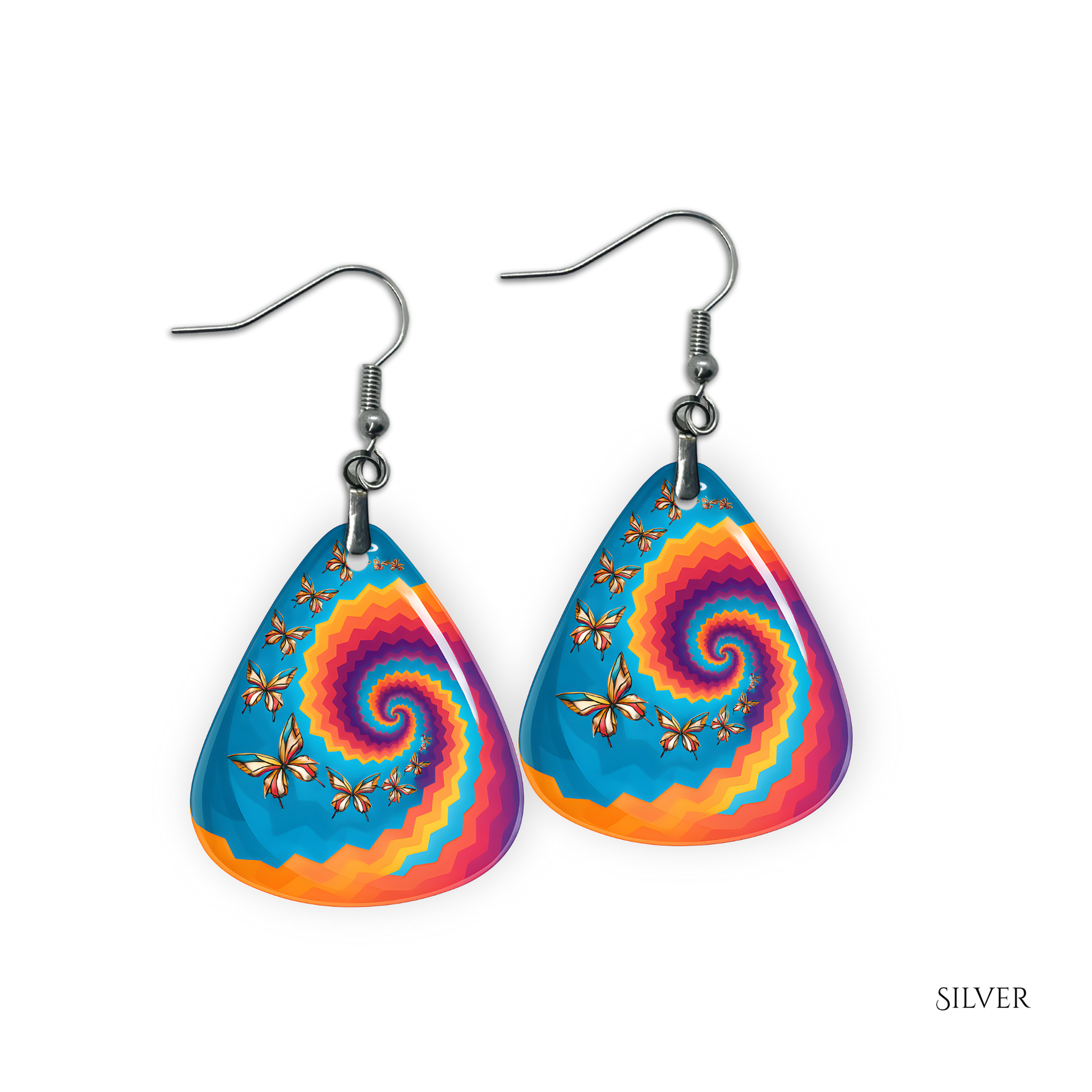 Close-up of Psychedelic Flight earrings  featuring gold hardware and kaleidoscopic butterfly artwork.