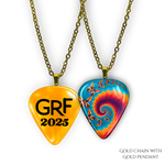 Front view of GRF – Psychedelic Flight guitar pick jewelry with glossy epoxy top coat and colorful butterfly spiral design.