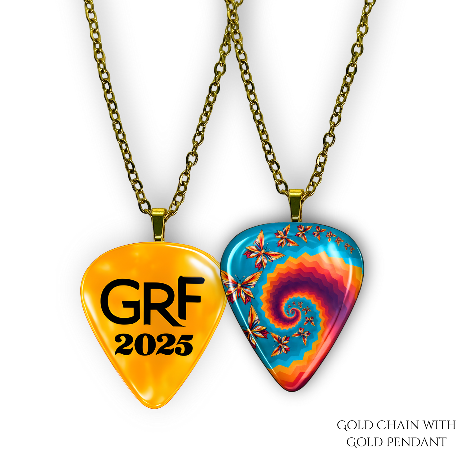 Front view of GRF – Psychedelic Flight guitar pick jewelry with glossy epoxy top coat and colorful butterfly spiral design.
