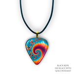 Close-up of Psychedelic Flight necklace  featuring the Golden Road Festival kaleidoscopic butterfly artwork.