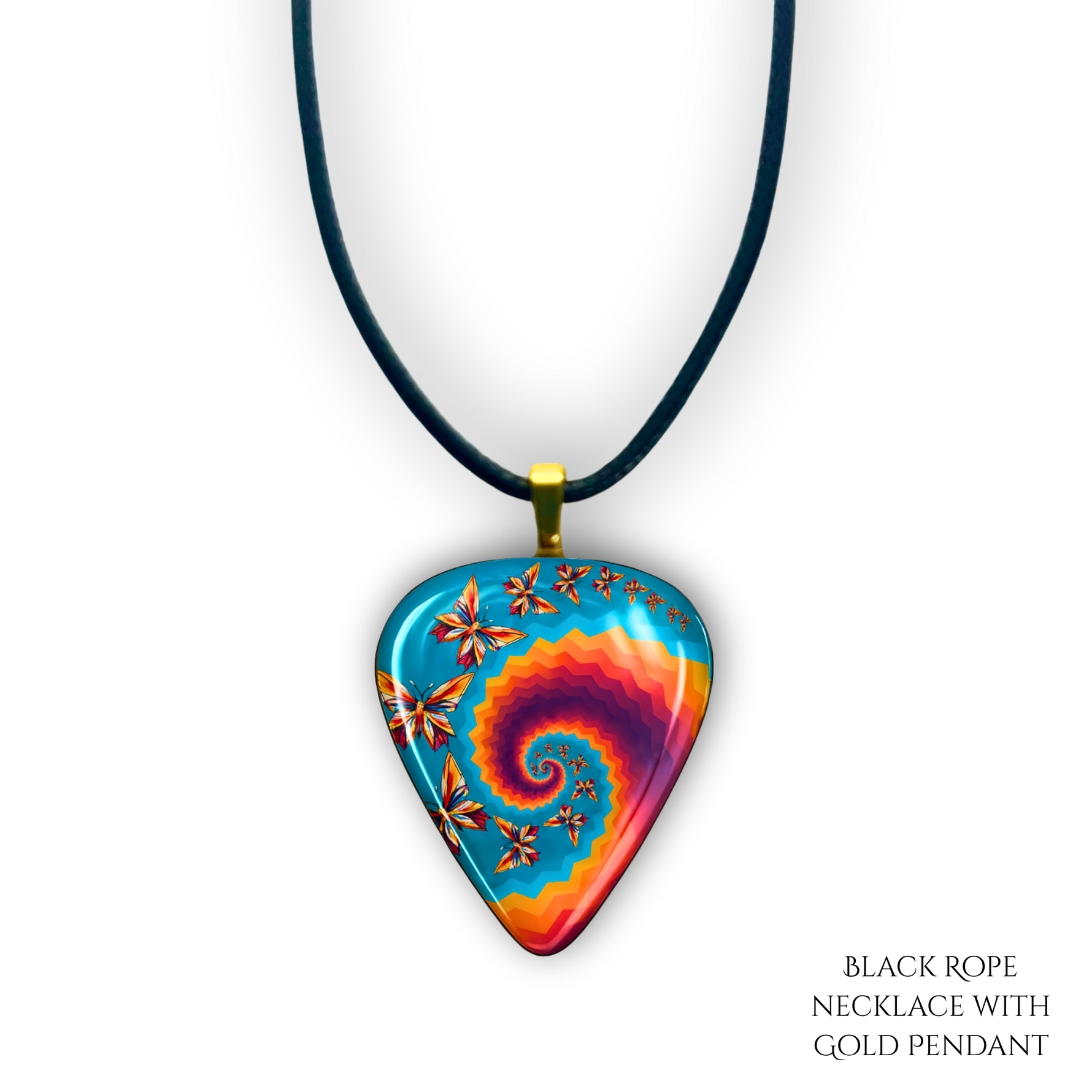 Close-up of Psychedelic Flight necklace  featuring the Golden Road Festival kaleidoscopic butterfly artwork.