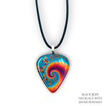 Close-up of Psychedelic Flight necklace  featuring the Golden Road Festival kaleidoscopic butterfly artwork.