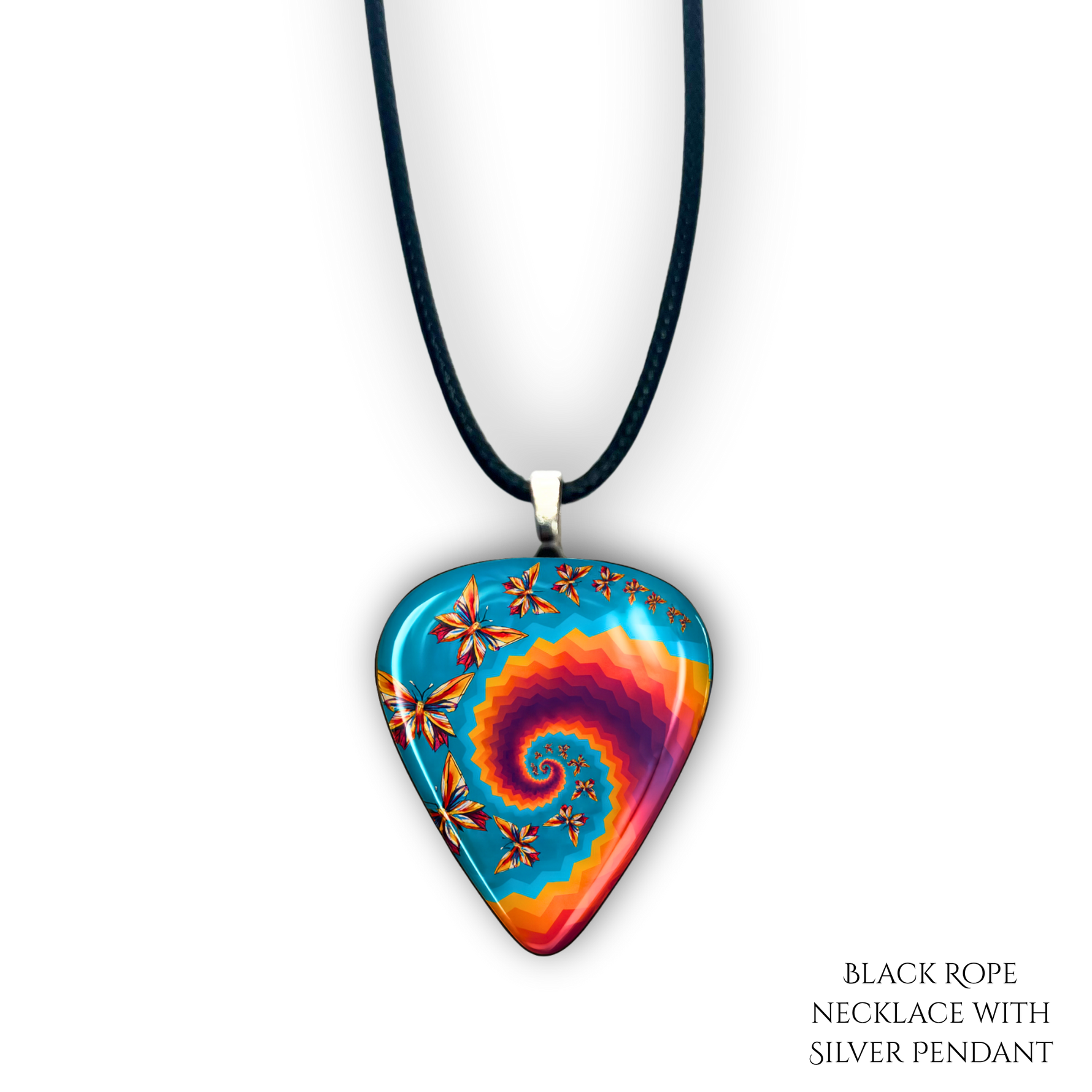 Close-up of Psychedelic Flight necklace  featuring the Golden Road Festival kaleidoscopic butterfly artwork.