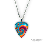 Close-up of Psychedelic Flight necklace  featuring the Golden Road Festival kaleidoscopic butterfly artwork.