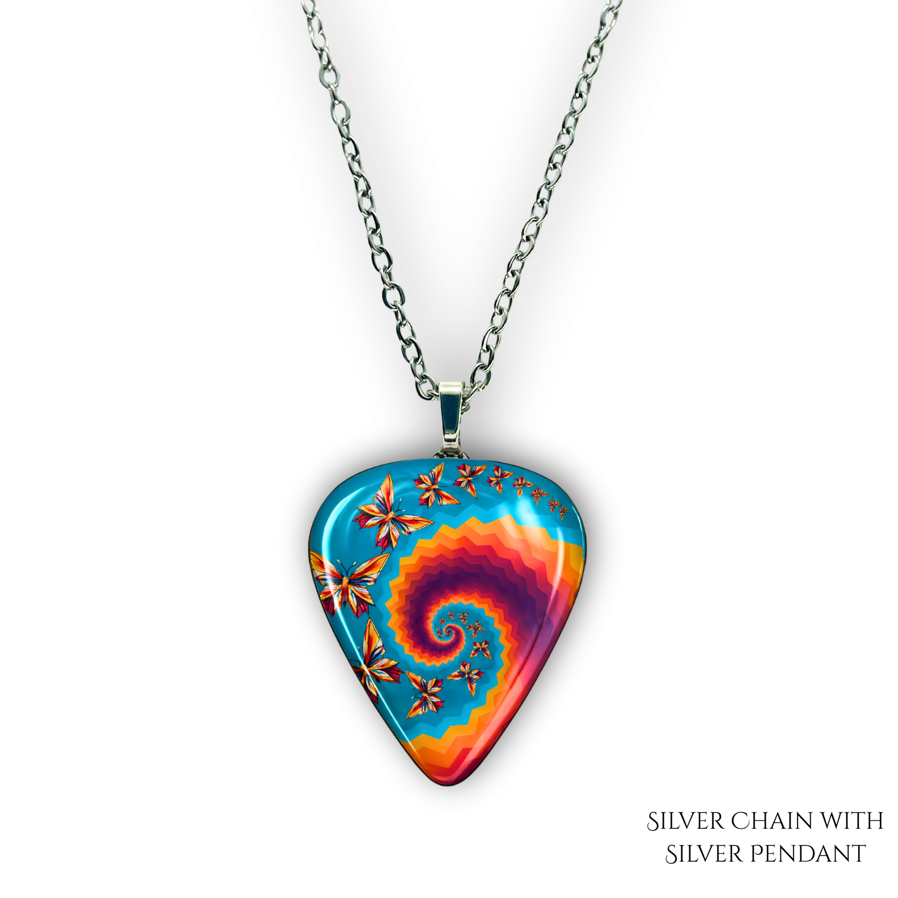 Close-up of Psychedelic Flight necklace  featuring the Golden Road Festival kaleidoscopic butterfly artwork.
