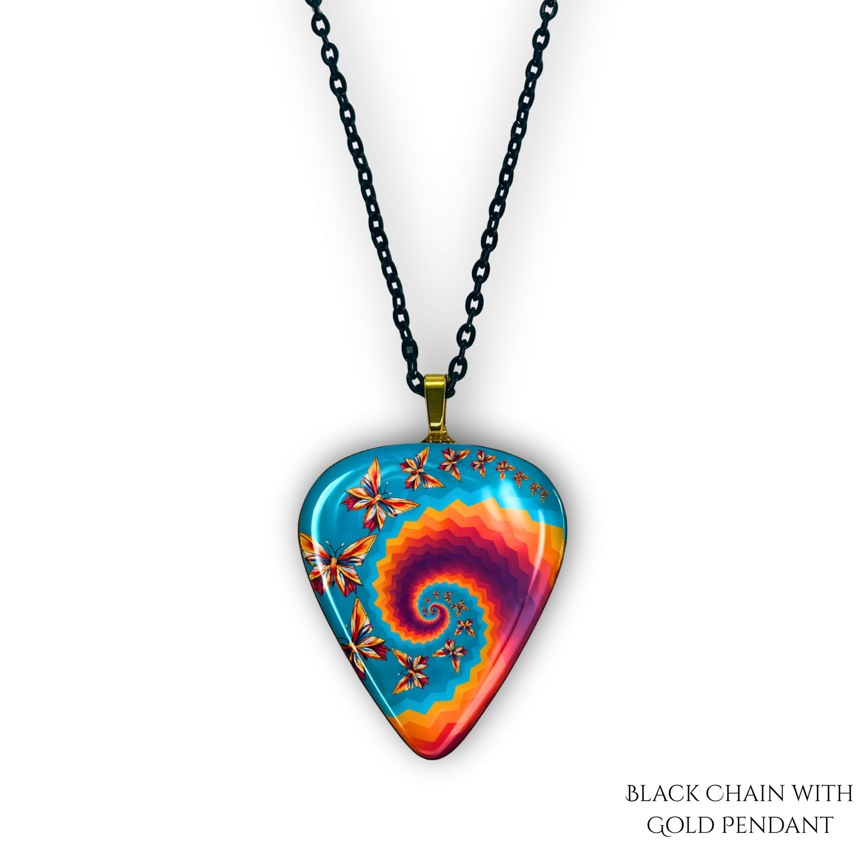 Close-up of Psychedelic Flight necklace  featuring the Golden Road Festival kaleidoscopic butterfly artwork.