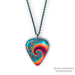 Close-up of Psychedelic Flight necklace  featuring the Golden Road Festival kaleidoscopic butterfly artwork.