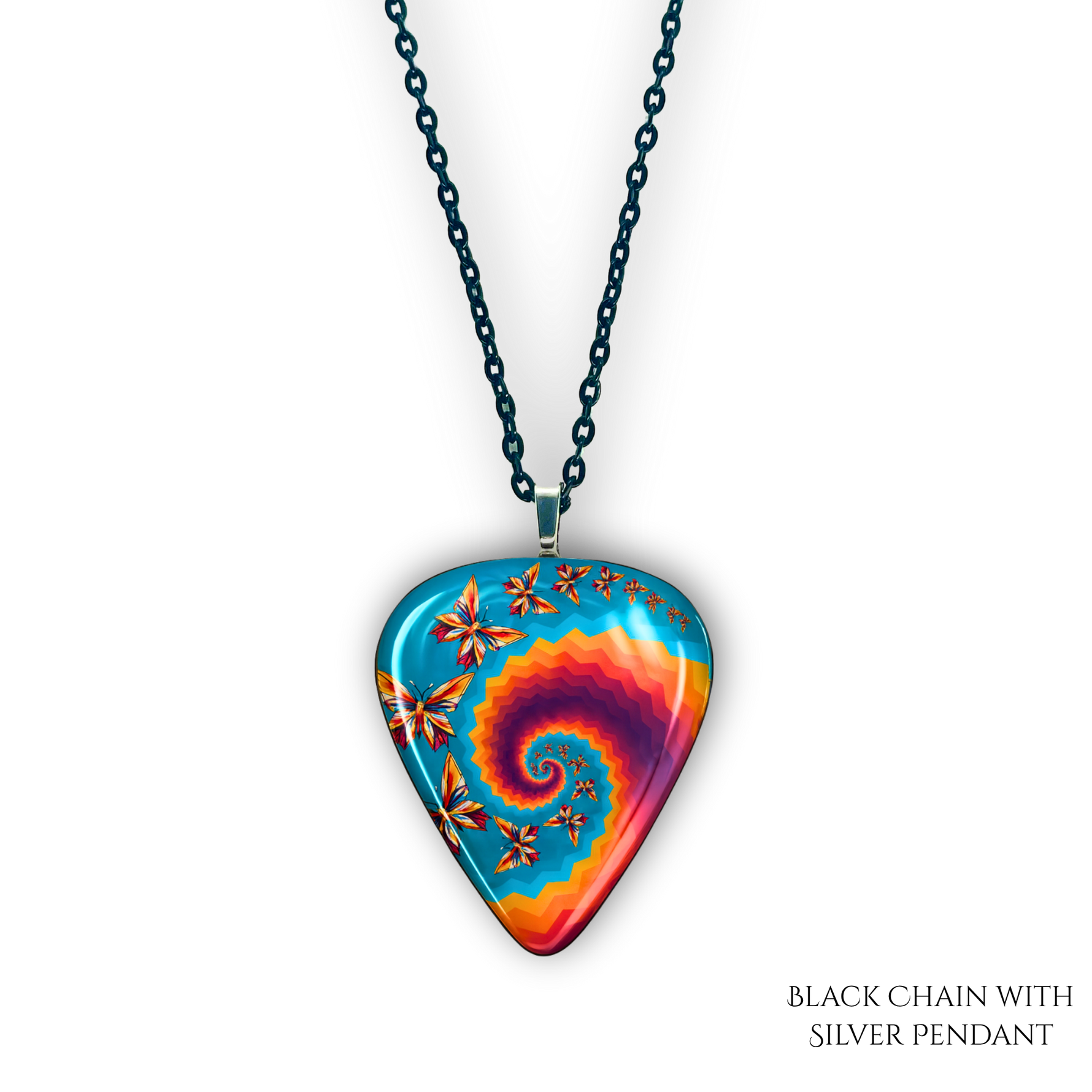 Close-up of Psychedelic Flight necklace  featuring the Golden Road Festival kaleidoscopic butterfly artwork.