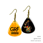 Front and back view of GRF – Stella’s Flight earrings featuring glossy black guitar-and-butterfly design with gold hooks and chain.