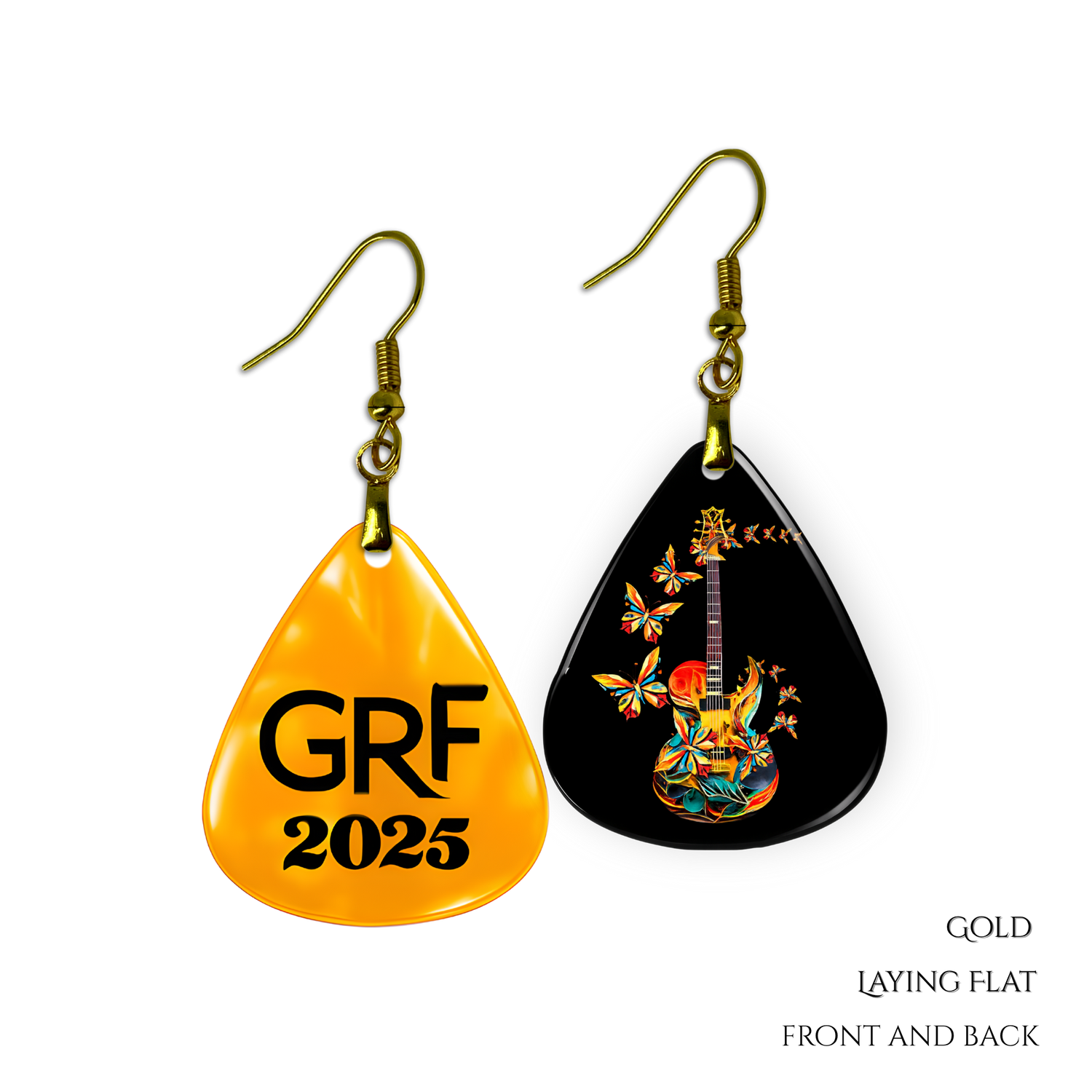 Front and back view of GRF – Stella’s Flight earrings featuring glossy black guitar-and-butterfly design with gold hooks and chain.