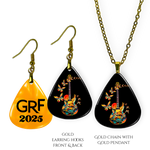 Front and back view of GRF – Stella’s Flight jewelry set featuring a glossy black and the Golden Road Festival guitar-and-butterfly design with gold hooks and chain.