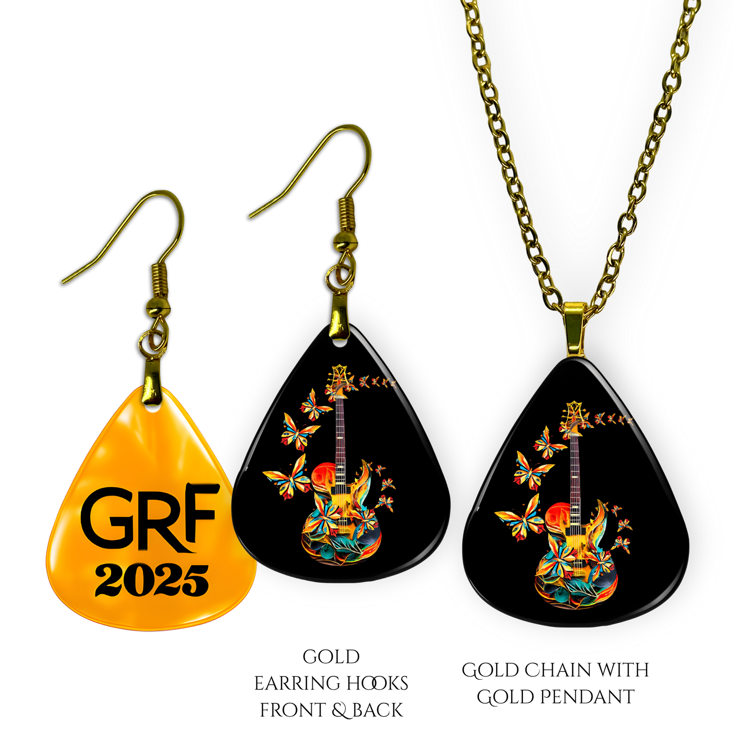 Front and back view of GRF – Stella’s Flight jewelry set featuring a glossy black and the Golden Road Festival guitar-and-butterfly design with gold hooks and chain.
