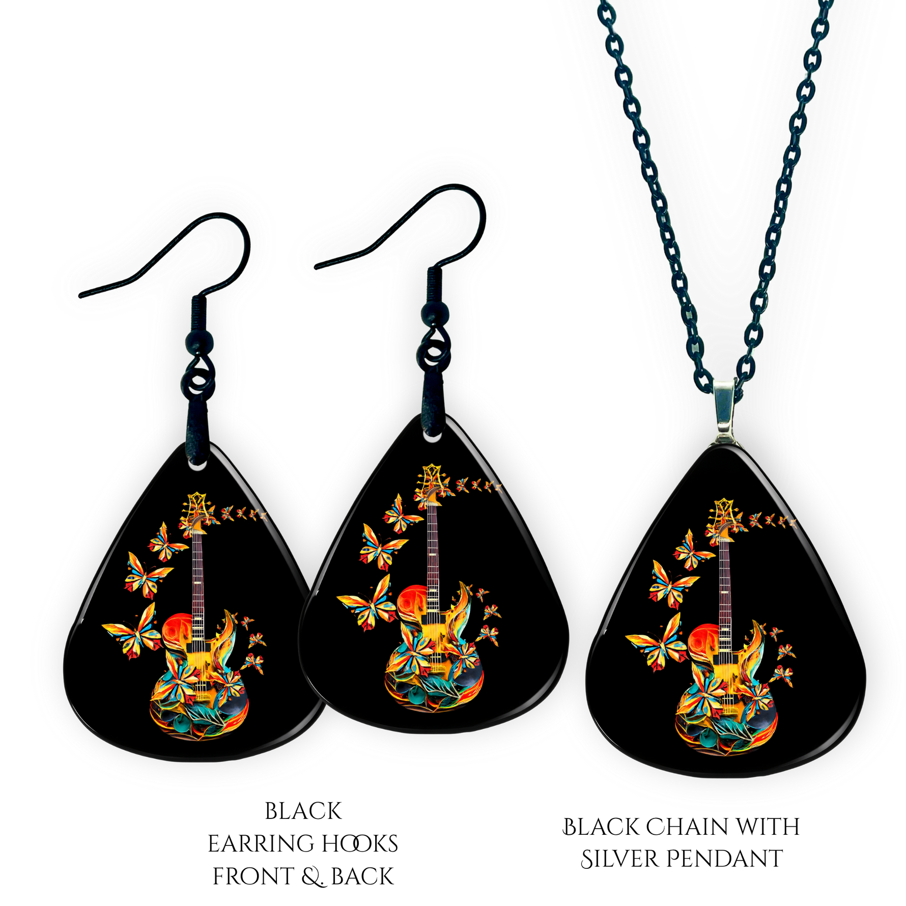 Close-up of handcrafted Stella’s Flight earrings and necklace pendant set showing vibrant Golden Road Festival butterfly-and-guitar artwork under a glossy epoxy finish.