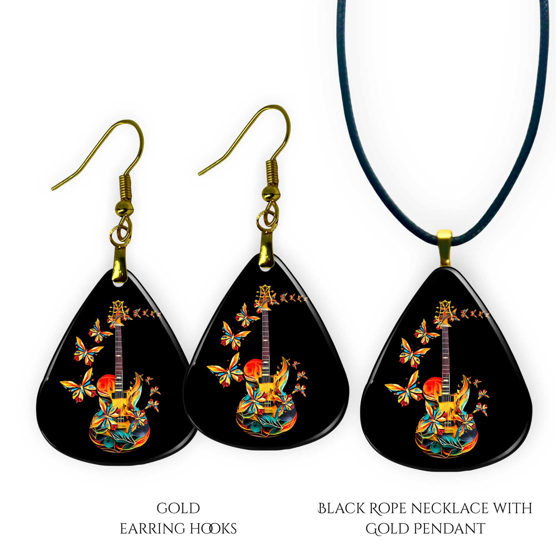 Close-up of handcrafted Stella’s Flight earrings and necklace pendant set showing vibrant Golden Road Festival butterfly-and-guitar artwork under a glossy epoxy finish.