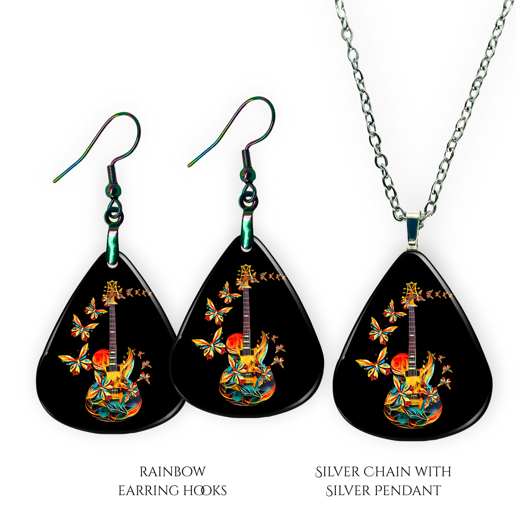 Close-up of handcrafted Stella’s Flight earrings and necklace pendant set showing vibrant Golden Road Festival butterfly-and-guitar artwork under a glossy epoxy finish.
