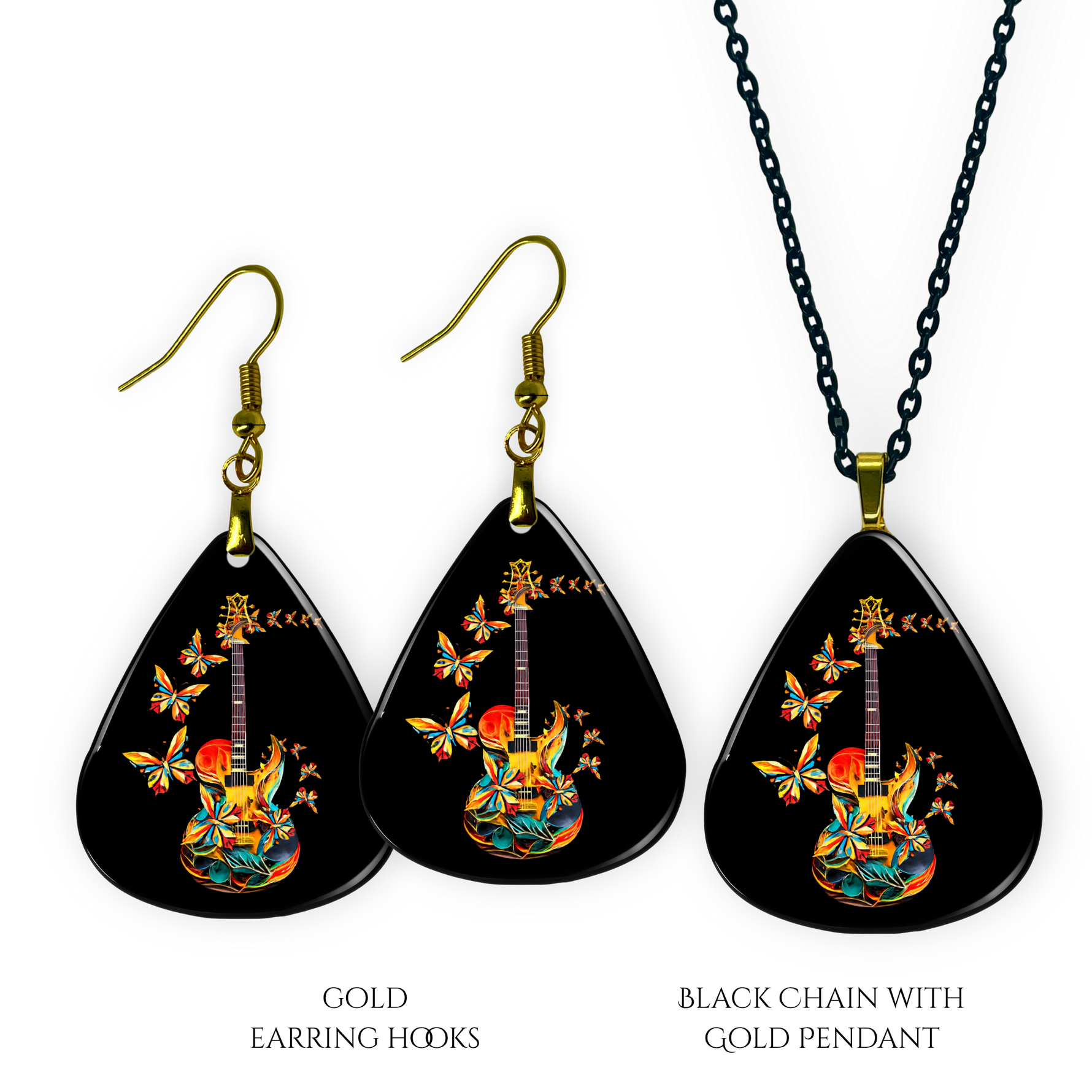 Close-up of handcrafted Stella’s Flight earrings and necklace pendant set showing vibrant Golden Road Festival butterfly-and-guitar artwork under a glossy epoxy finish.