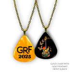 Front and back view of GRF – Stella’s Flight necklace featuring glossy black background and the Golden Road Festival guitar and butterfly design.