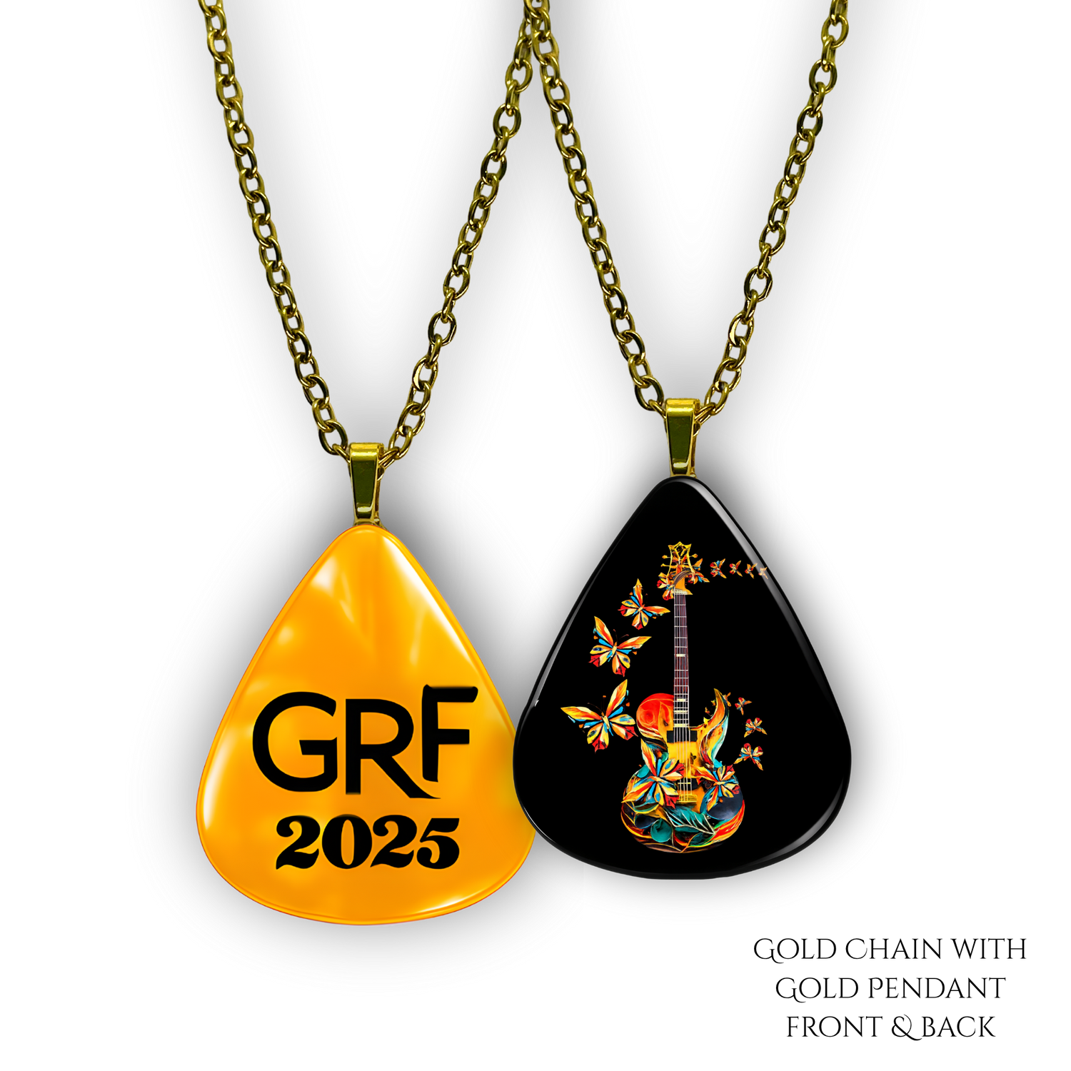Front and back view of GRF – Stella’s Flight necklace featuring glossy black background and the Golden Road Festival guitar and butterfly design.