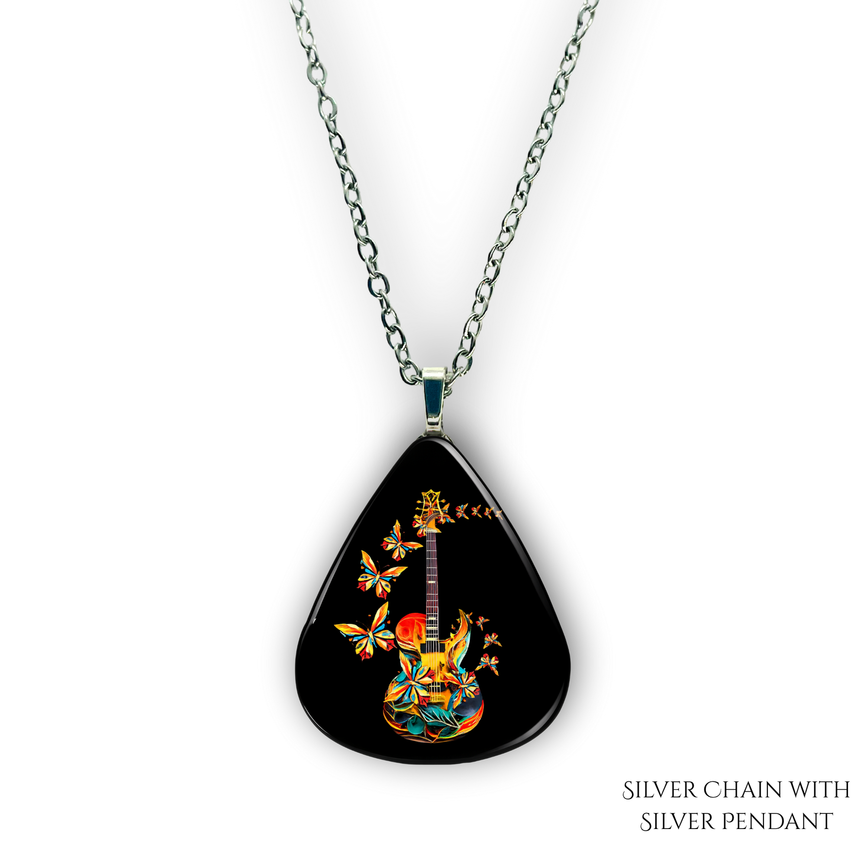 Close-up of handcrafted GRF Stella’s Flight necklace showing the vibrant Golden Road Festival butterfly-and-guitar artwork under a glossy epoxy finish.