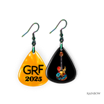 Front and back view of GRF – Stella’s Jam earrings featuring colorful guitar artwork with gold hooks and chain.