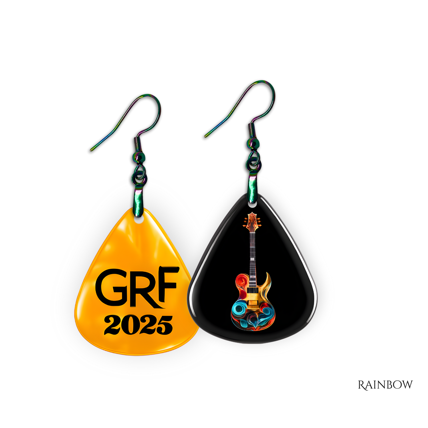 Front and back view of GRF – Stella’s Jam earrings featuring colorful guitar artwork with gold hooks and chain.