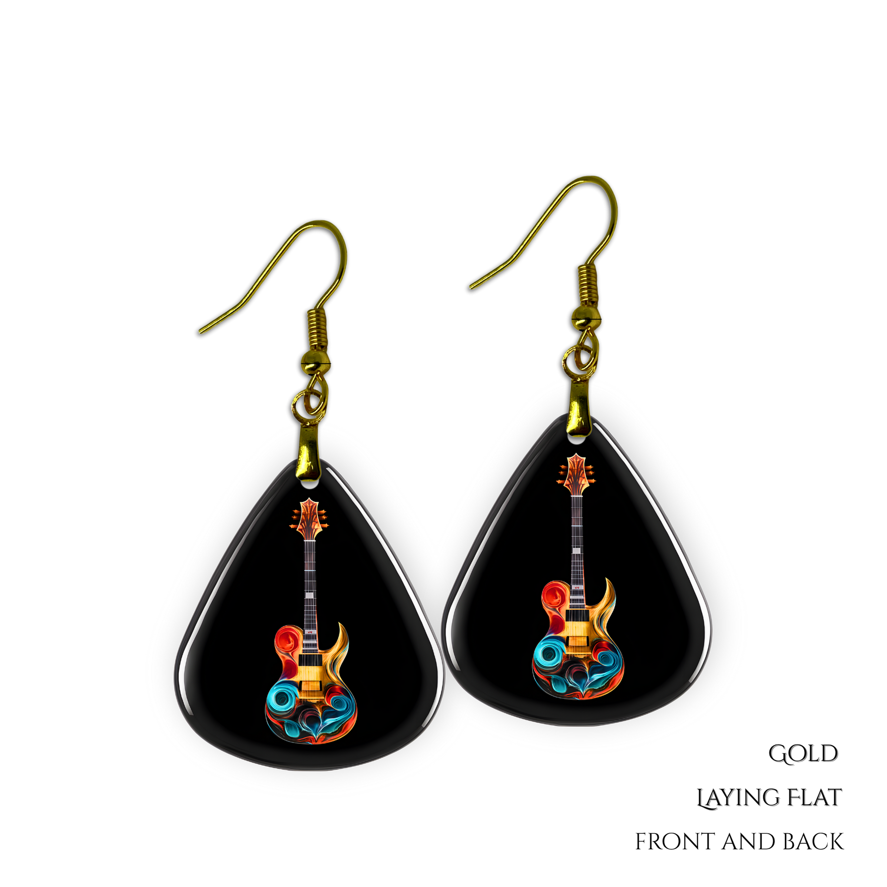 Close-up of Stella’s Jam earrings showing glossy black guitar pick design with vivid guitar art.