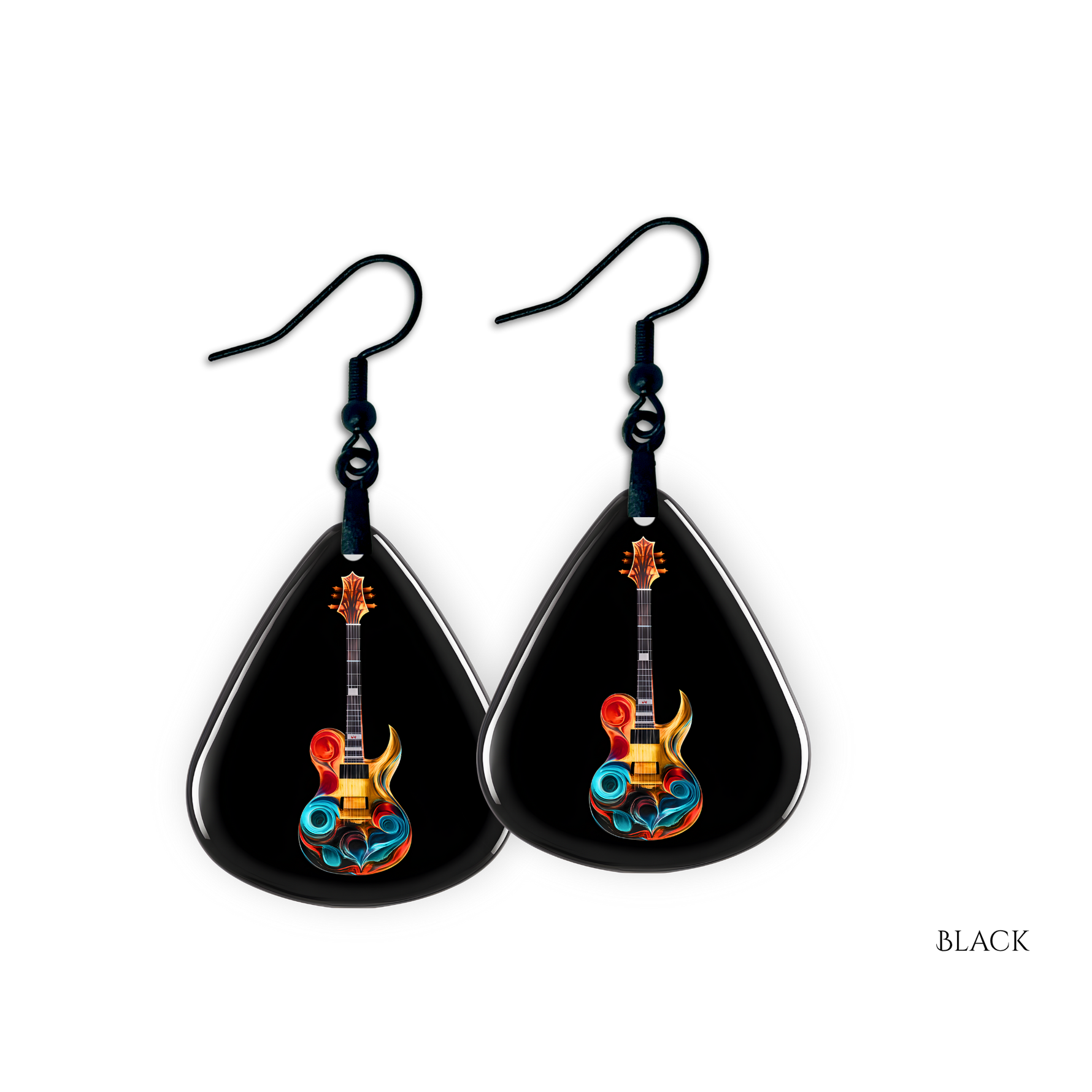 Close-up of Stella’s Jam earrings showing glossy black guitar pick design with vivid guitar art.