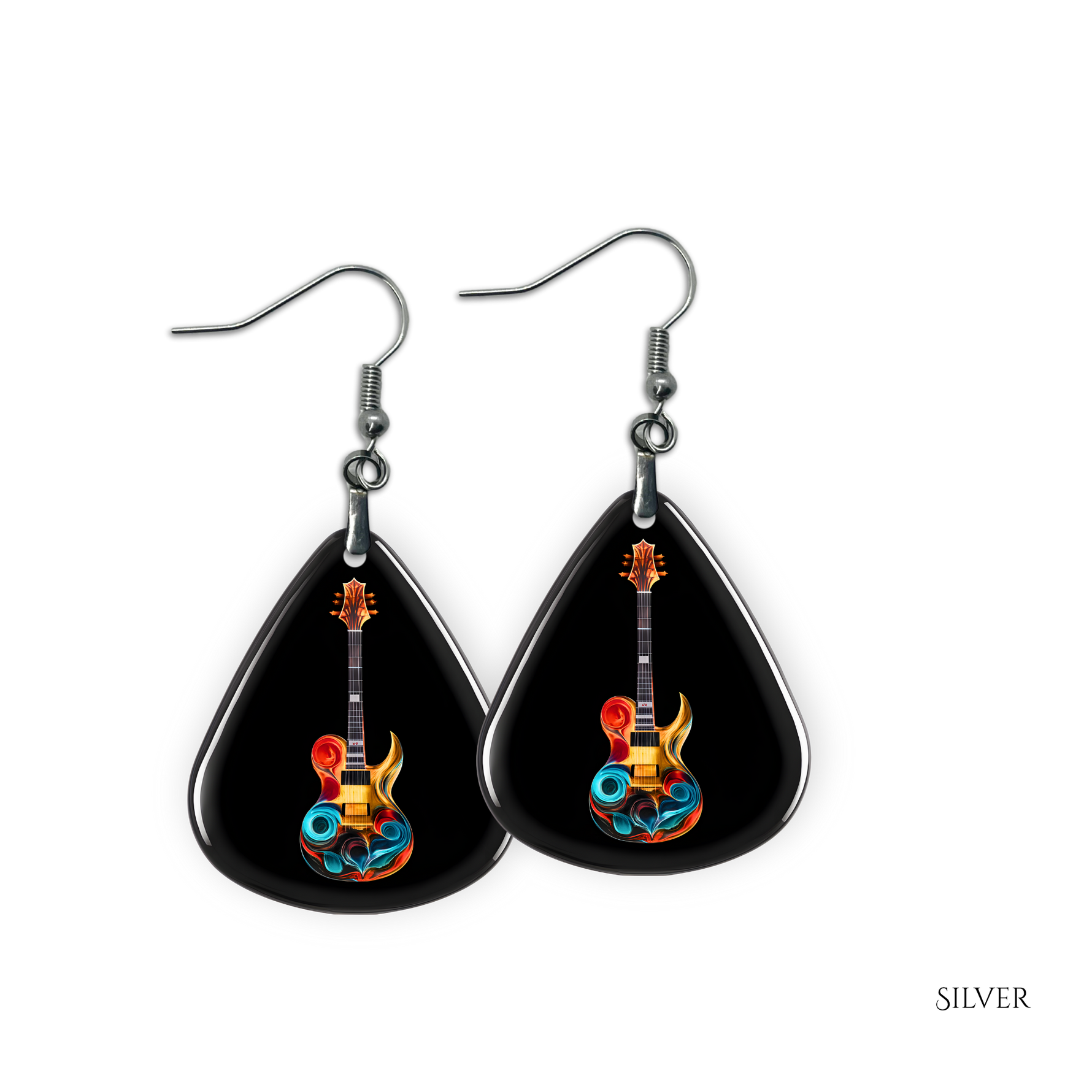 Close-up of Stella’s Jam earrings showing glossy black guitar pick design with vivid guitar art.