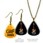 Front and back view of GRF – Stella’s Jam jewelry set featuring the Golden Road Festival colorful guitar artwork with gold hooks and chain.