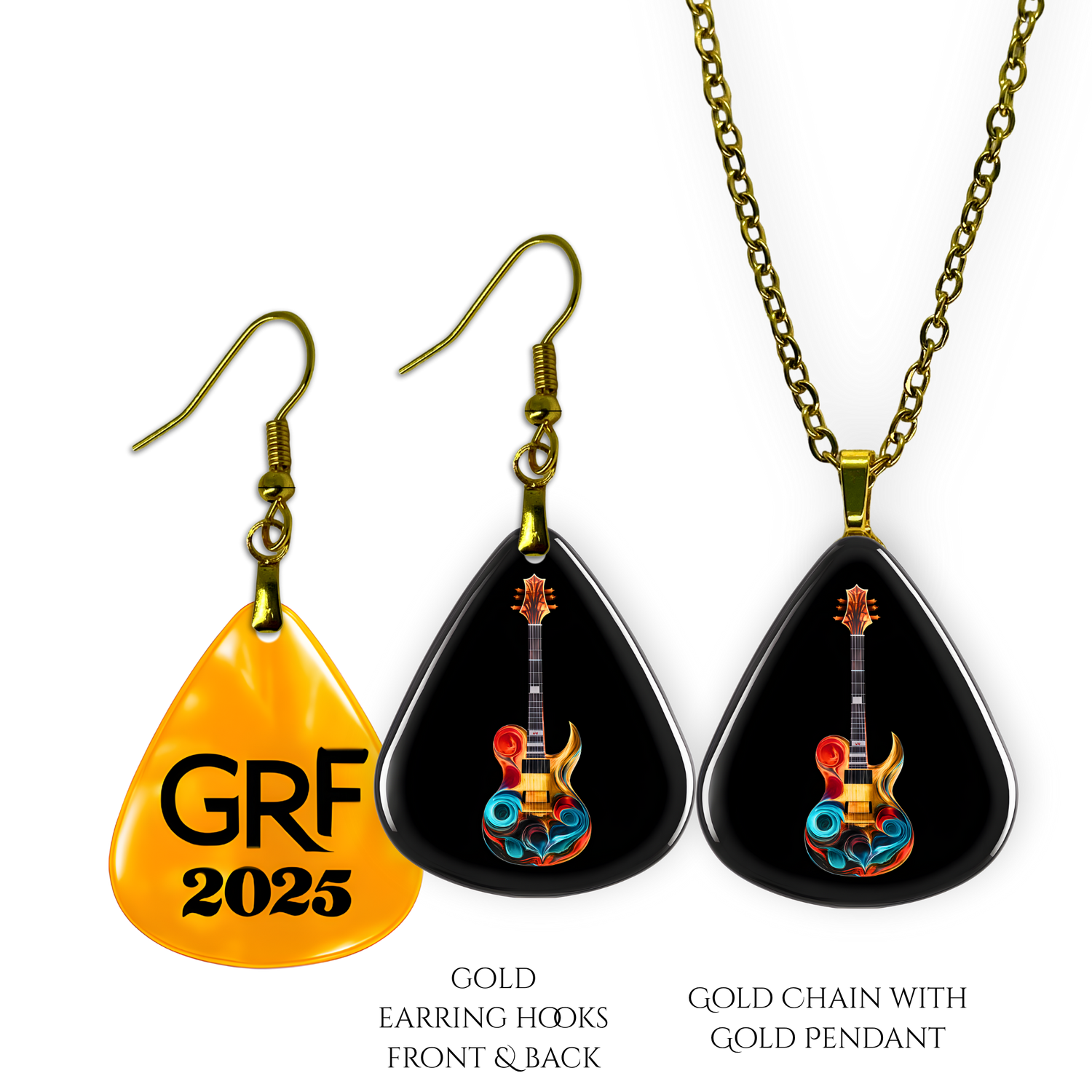 Front and back view of GRF – Stella’s Jam jewelry set featuring the Golden Road Festival colorful guitar artwork with gold hooks and chain.