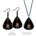 Necklace earrings and pendant set from GRF – Stella’s Jam collection with multicolor guitar design and high-shine finish.