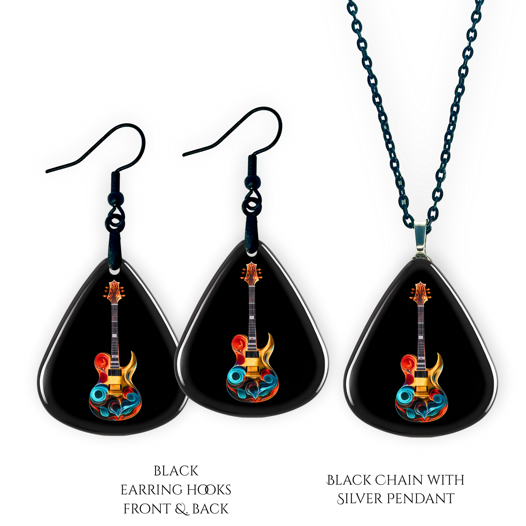 Necklace earrings and pendant set from GRF – Stella’s Jam collection with multicolor guitar design and high-shine finish.
