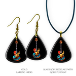 Necklace earrings and pendant set from GRF – Stella’s Jam collection with multicolor guitar design and high-shine finish.