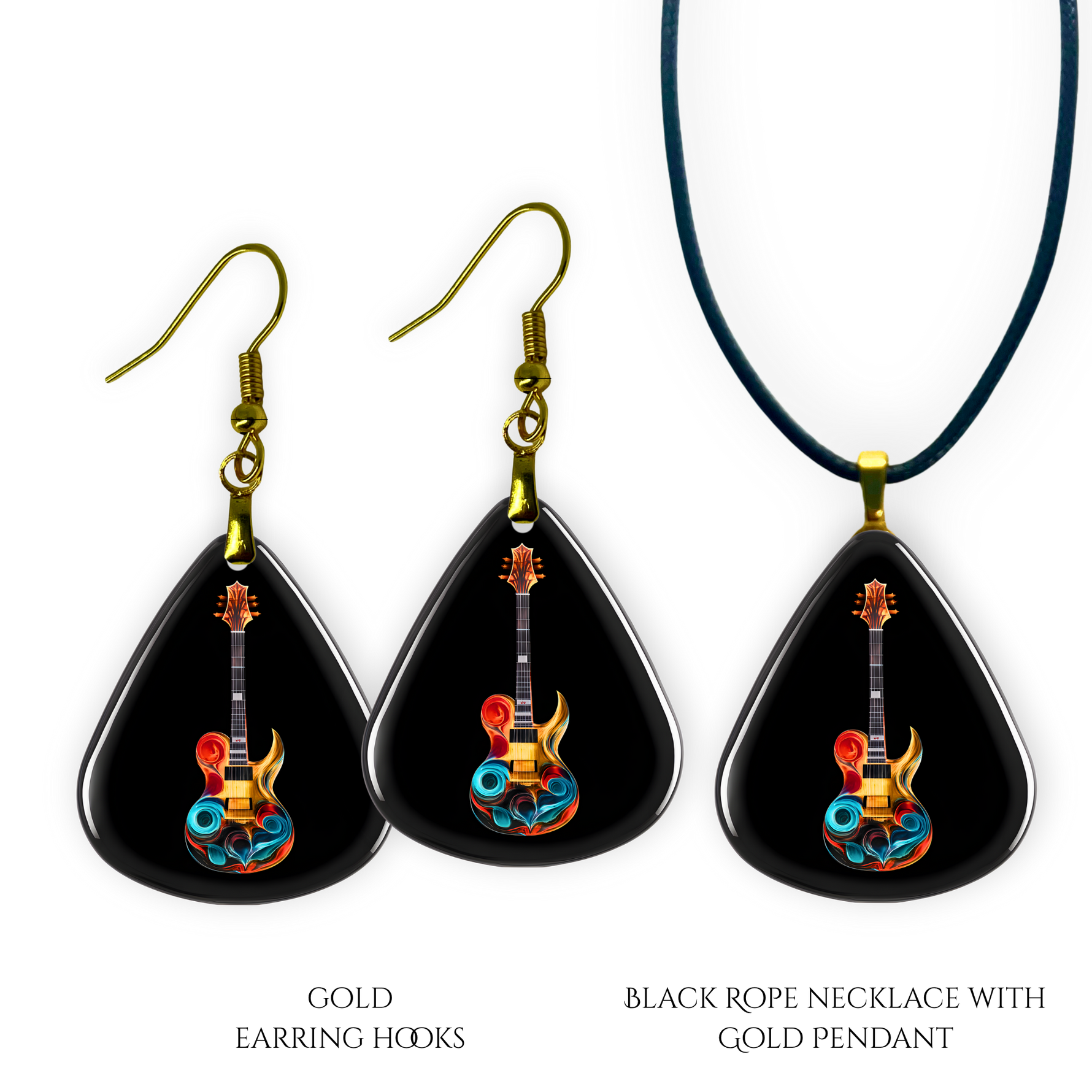 Necklace earrings and pendant set from GRF – Stella’s Jam collection with multicolor guitar design and high-shine finish.