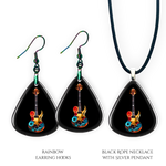 Necklace earrings and pendant set from GRF – Stella’s Jam collection with multicolor guitar design and high-shine finish.