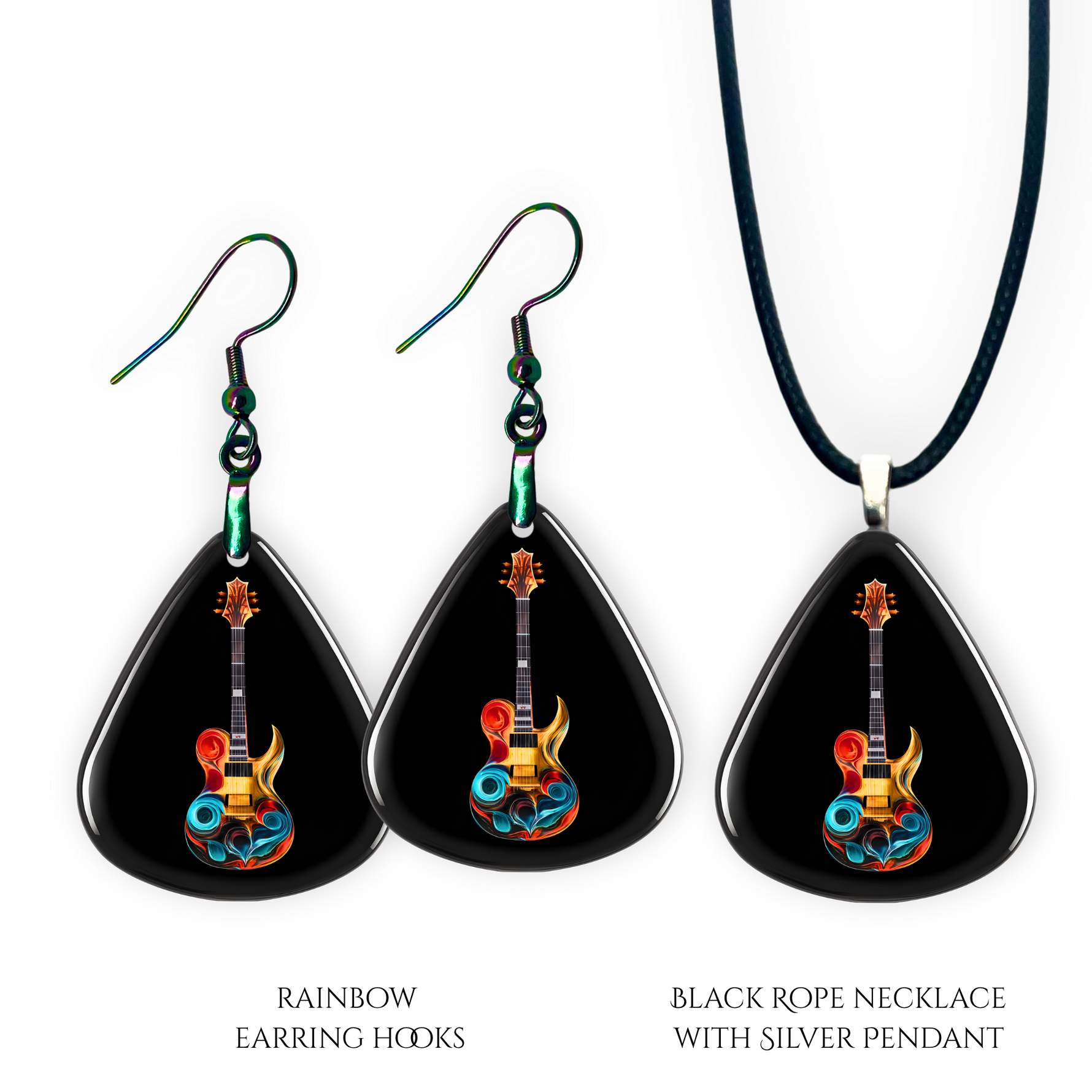 Necklace earrings and pendant set from GRF – Stella’s Jam collection with multicolor guitar design and high-shine finish.