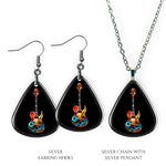 Necklace earrings and pendant set from GRF – Stella’s Jam collection with multicolor guitar design and high-shine finish.