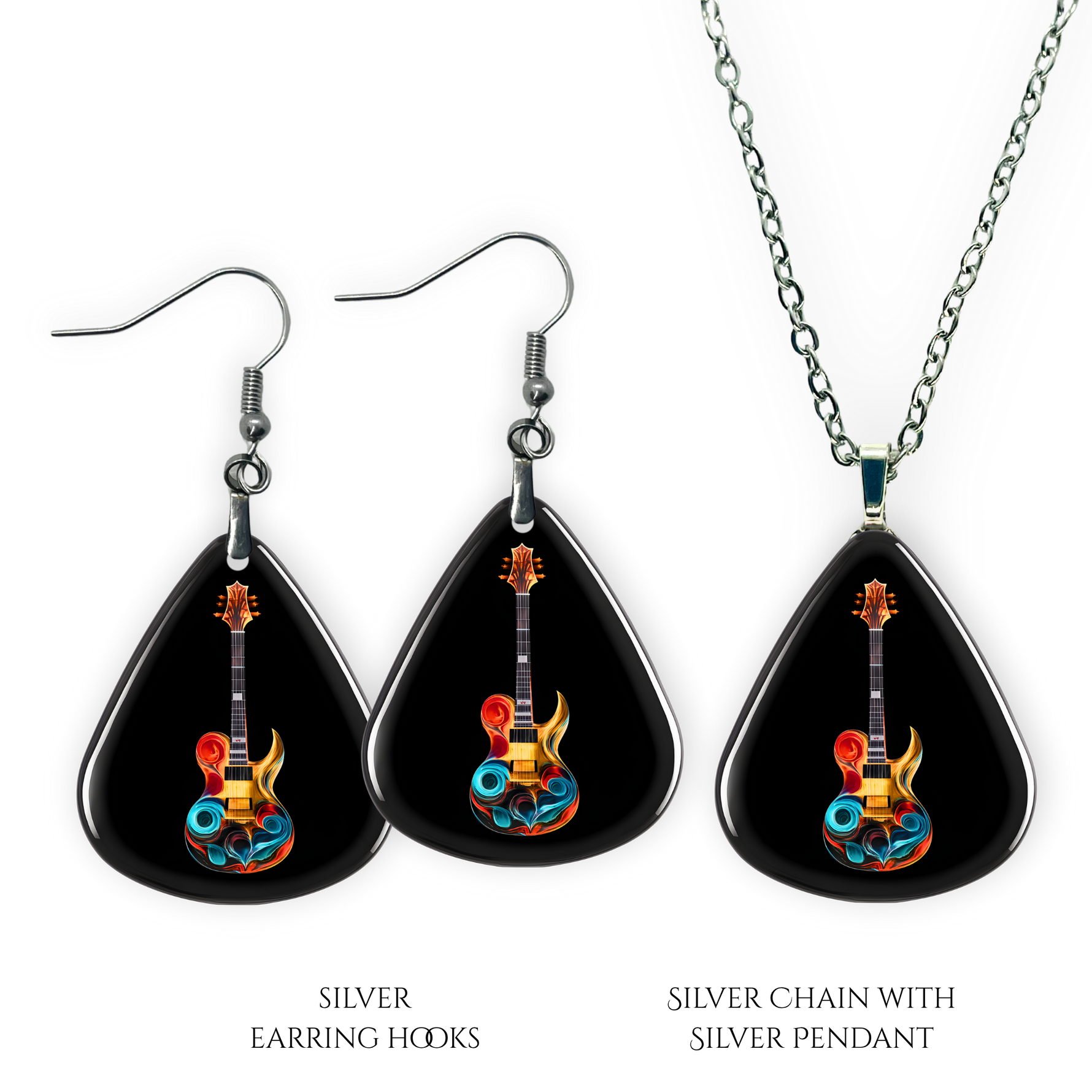 Necklace earrings and pendant set from GRF – Stella’s Jam collection with multicolor guitar design and high-shine finish.