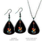 Necklace earrings and pendant set from GRF – Stella’s Jam collection with multicolor guitar design and high-shine finish.