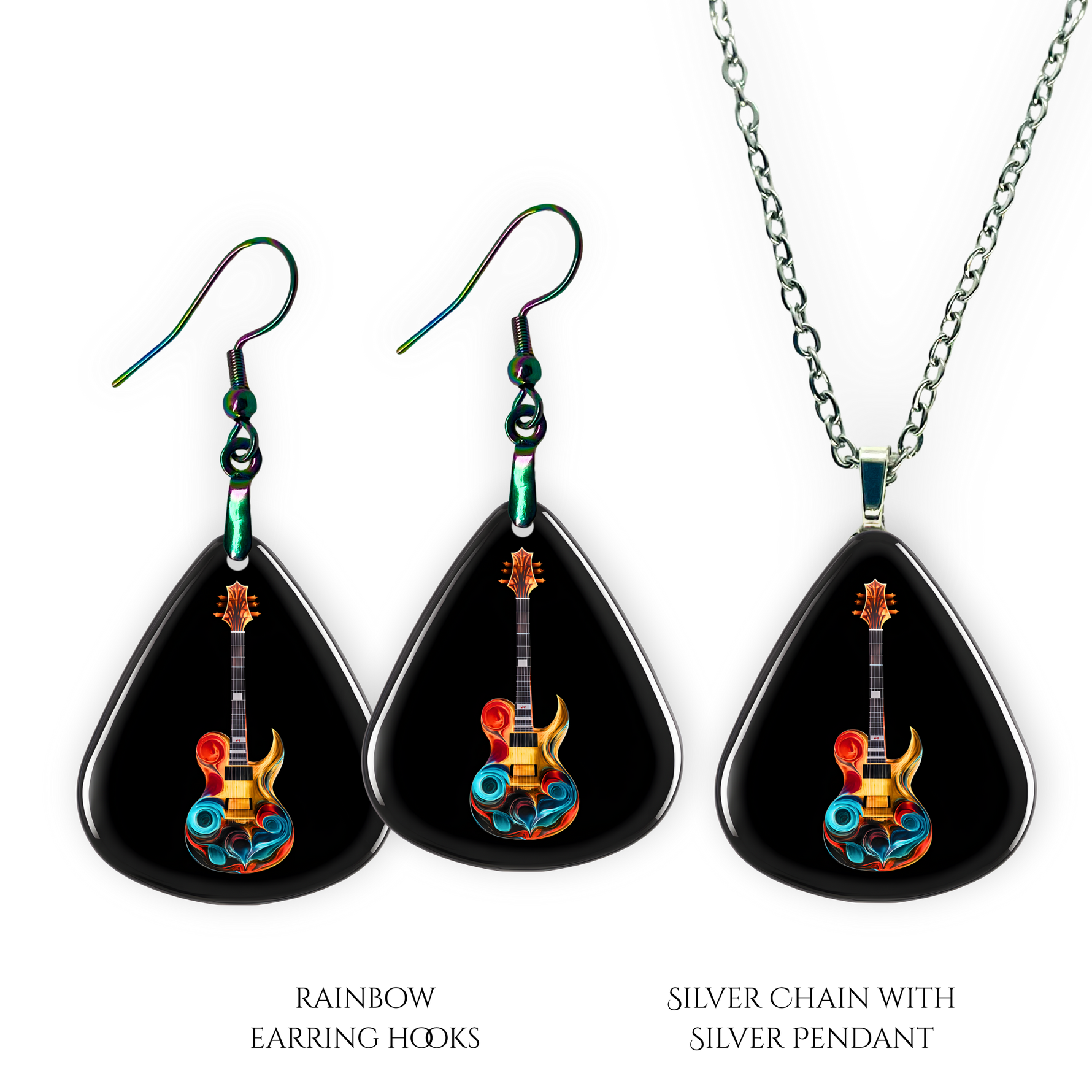 Necklace earrings and pendant set from GRF – Stella’s Jam collection with multicolor guitar design and high-shine finish.