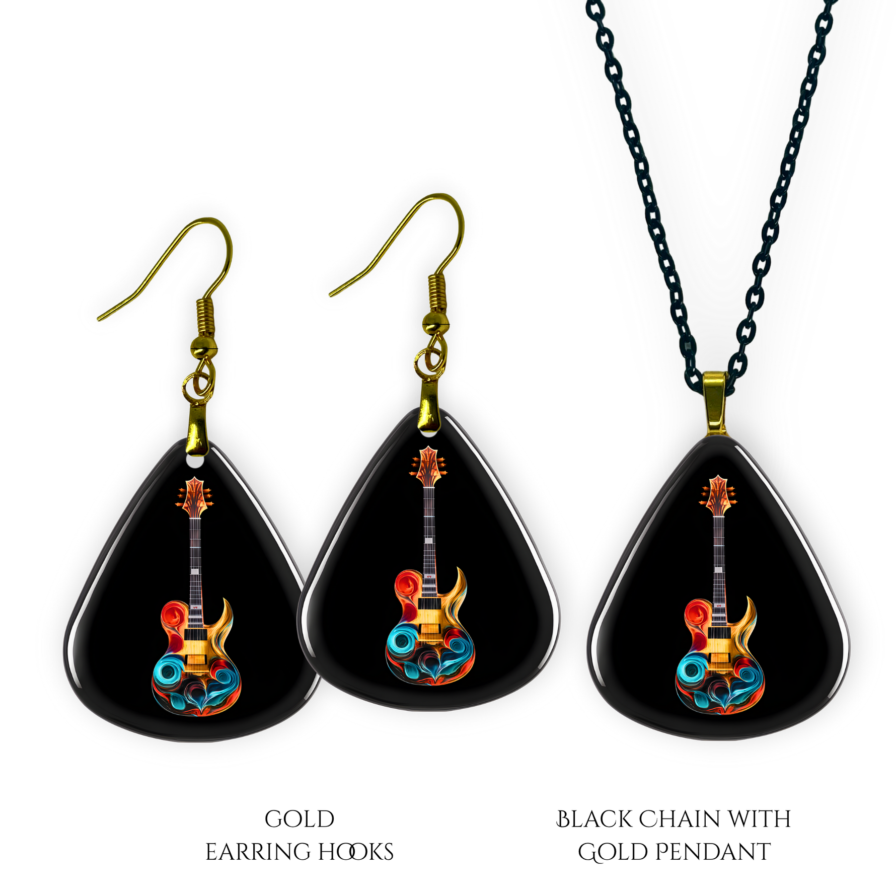Necklace earrings and pendant set from GRF – Stella’s Jam collection with multicolor guitar design and high-shine finish.