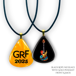 Front and back view of GRF – Stella’s Jam necklace featuring colorful guitar artwork with gold hooks and chain.