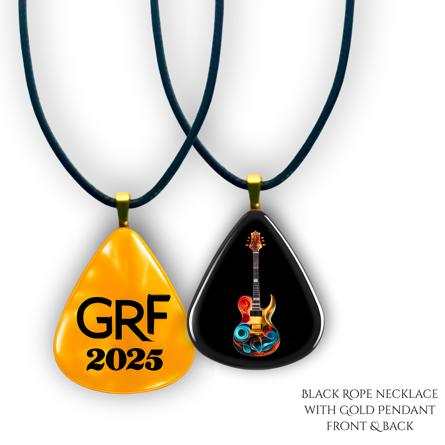 Front and back view of GRF – Stella’s Jam necklace featuring colorful guitar artwork with gold hooks and chain.