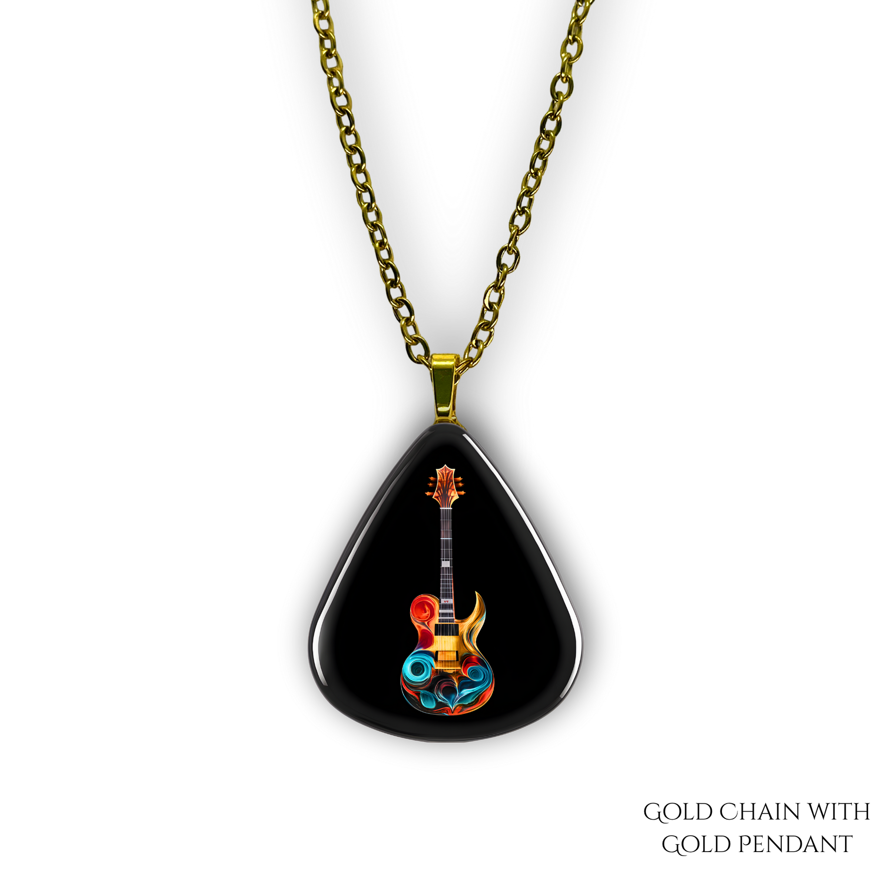 Close-up of Stella’s Jam necklace showing glossy black guitar pick design with vivid guitar art.