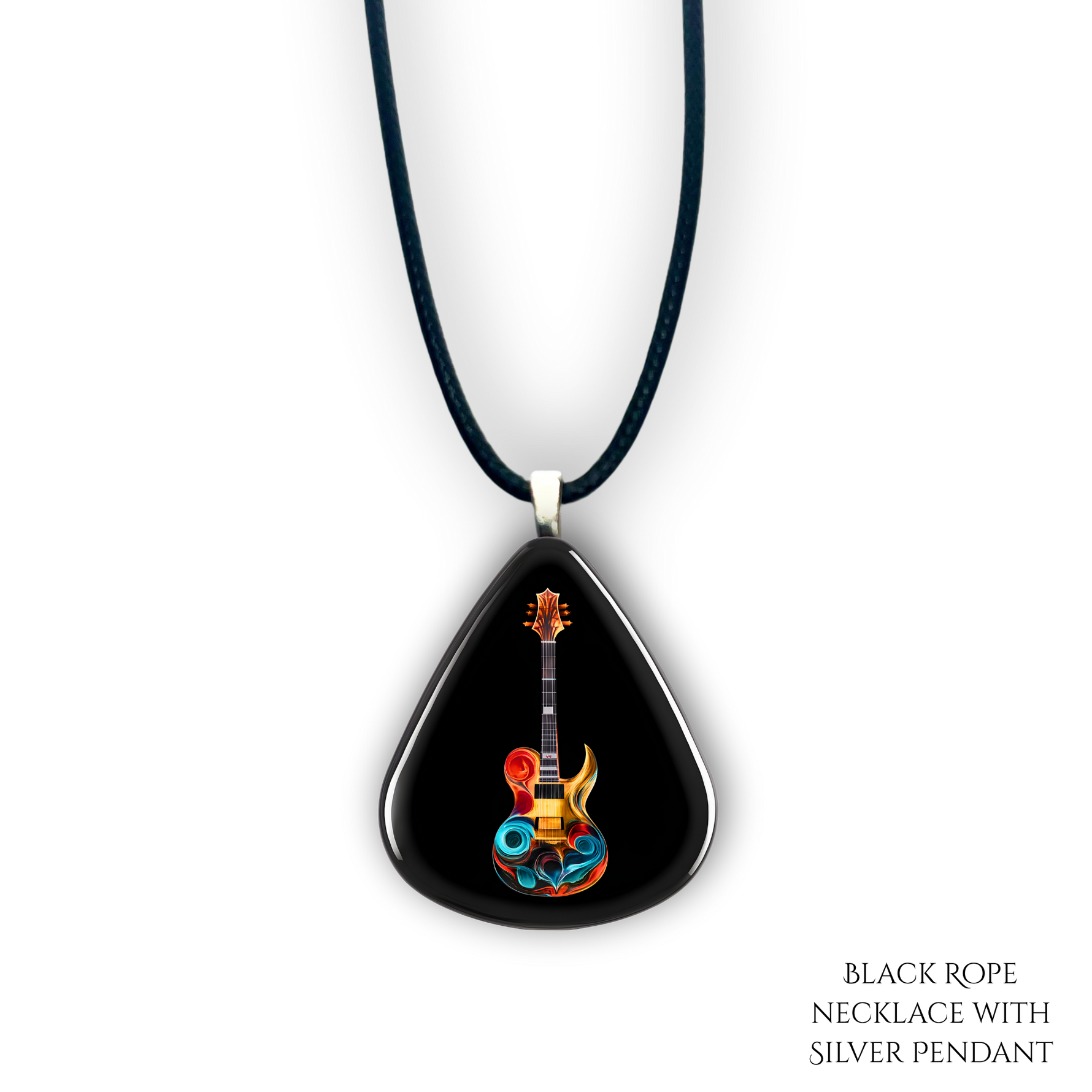 Close-up of Stella’s Jam necklace showing glossy black guitar pick design with vivid guitar art.