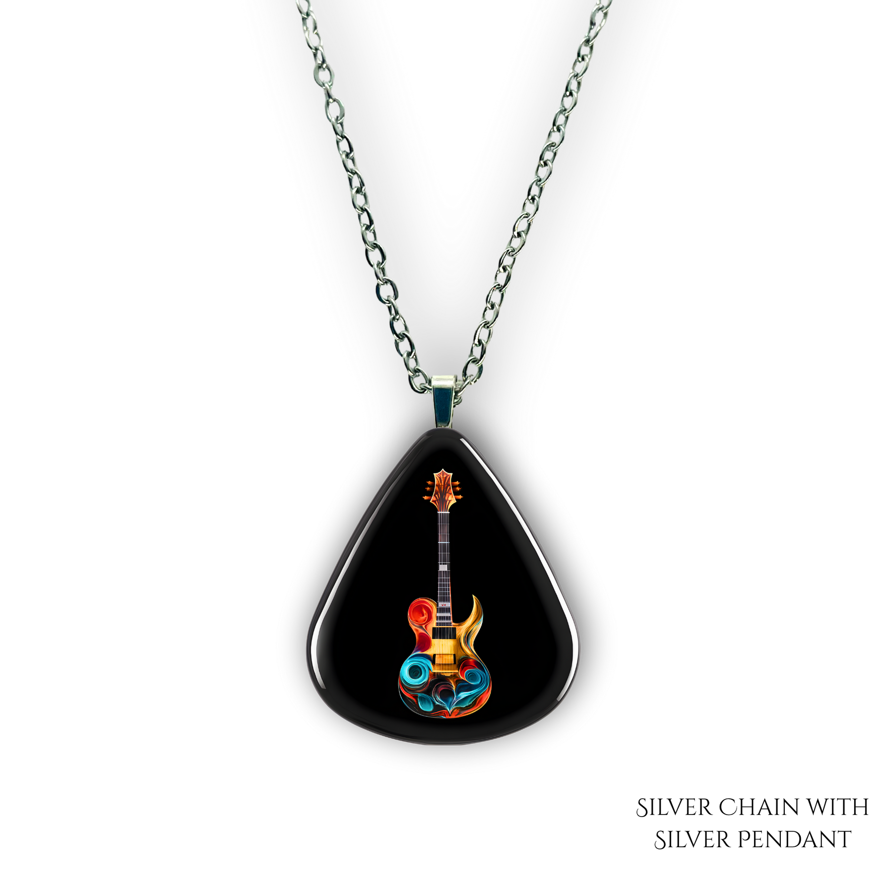 Close-up of Stella’s Jam necklace showing glossy black guitar pick design with vivid guitar art.