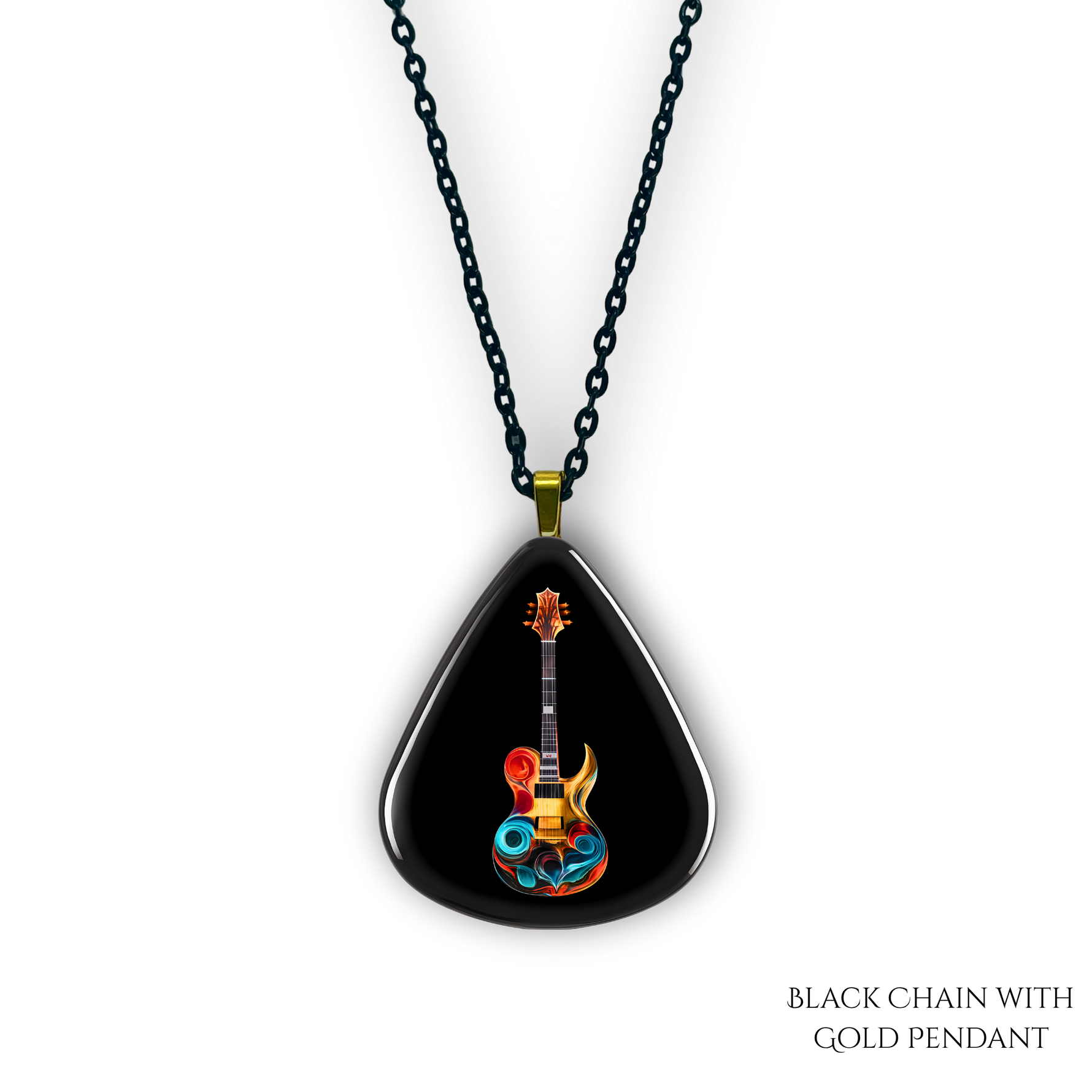 Close-up of Stella’s Jam necklace showing glossy black guitar pick design with vivid guitar art.