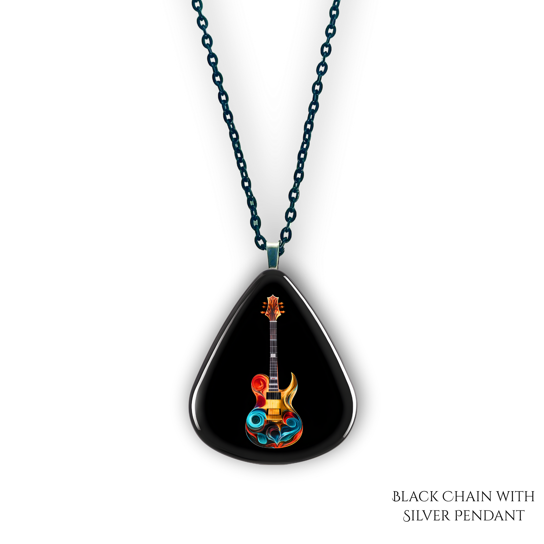 Close-up of Stella’s Jam necklace showing glossy black guitar pick design with vivid guitar art.